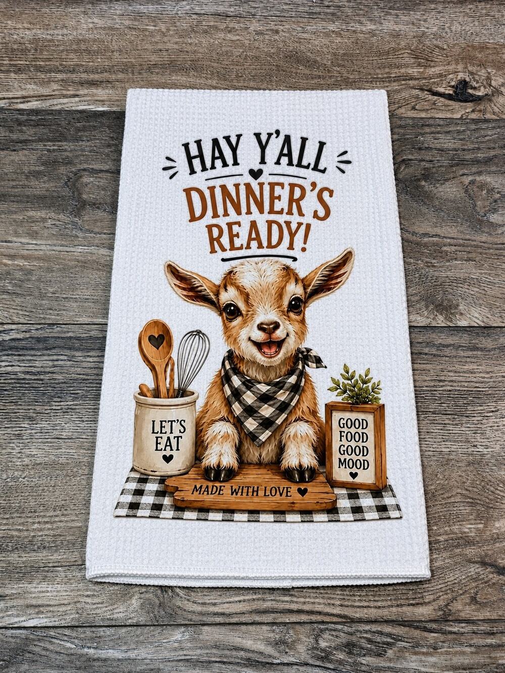Cute Goat Kitchen Towel Hay Y’all Dinner’s Ready Farmhouse Kitchen Decor